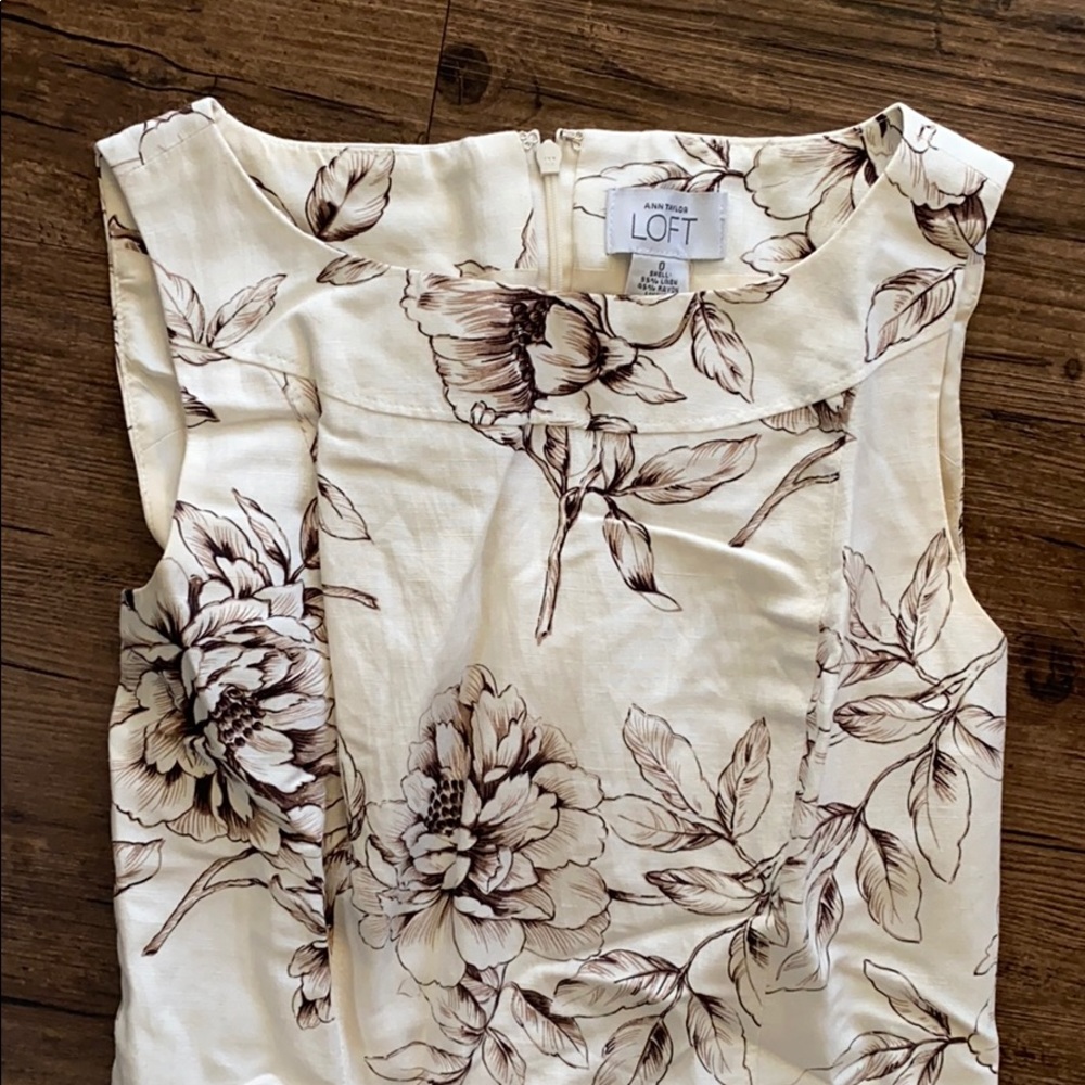 Linen off white brown floral dress